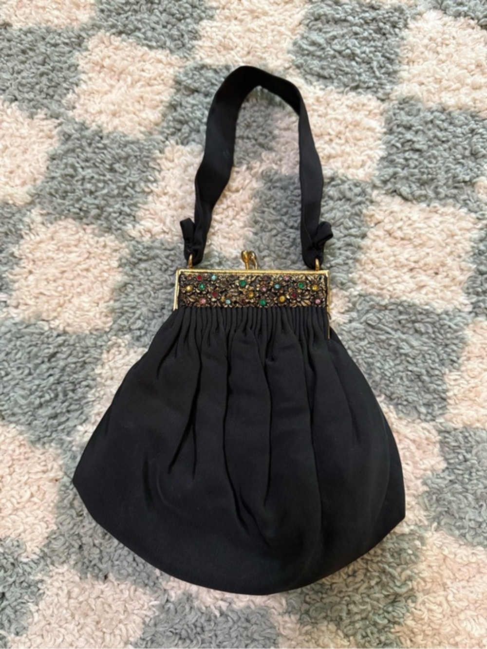 Vintage black mini purse handbag gold gilded multicolor bejeweled floral carved